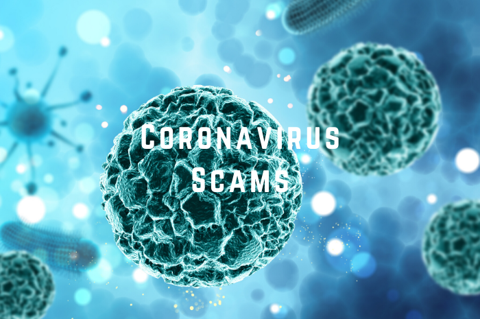 Blue background with green virus symbols floating and white wording CORONAVIRUS SCAMS