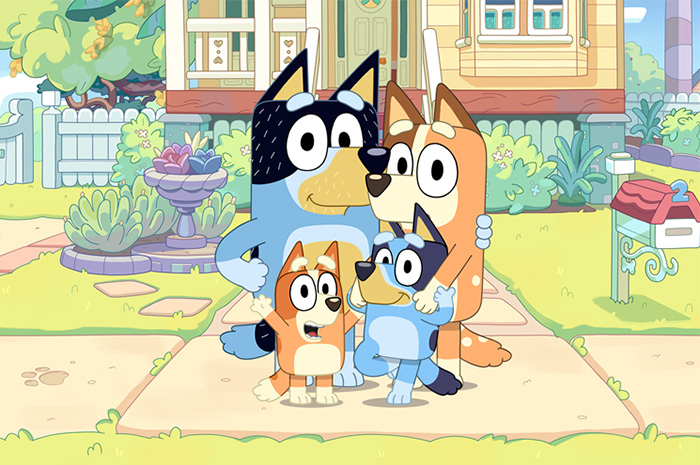 Bluey animation of kids show family standing together