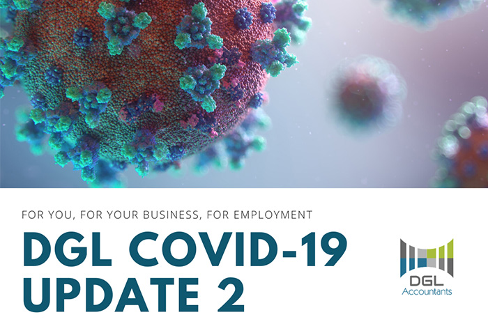 COVID-19 Update 2 banner with Coronavirus molecule floating and DGL Accountants logo