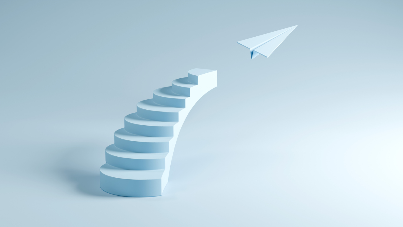 Stairs Leading to Flying Paper Plane – Success, Growth, and Freedom, 3D Render Staircase
