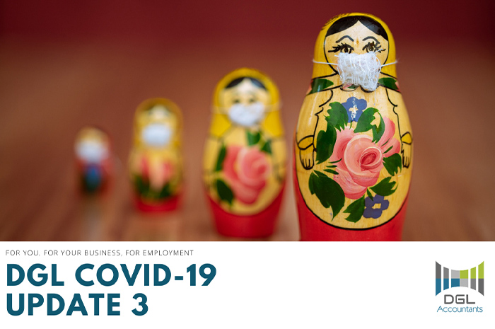 COVID-19 Update 3 banner with Chinese wooden dolls in a line wearing face masks