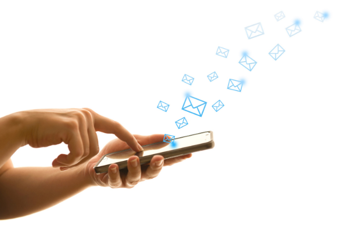Finger pointing to phone and blue email envelopes flying away out of phone