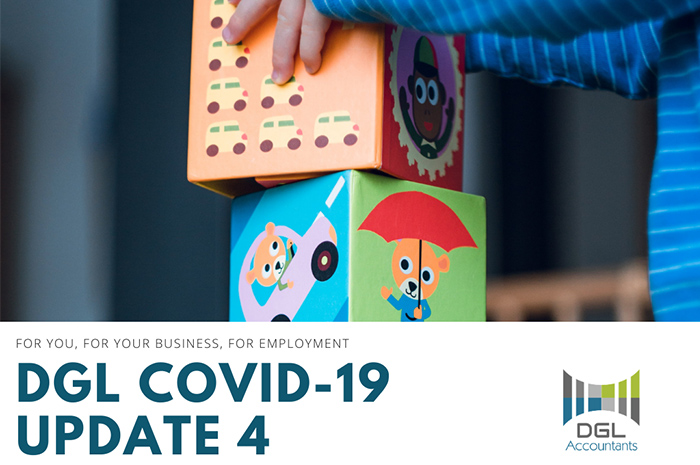 COVID-19 update 4 banner with child playing with wooden blocks and DGL logo